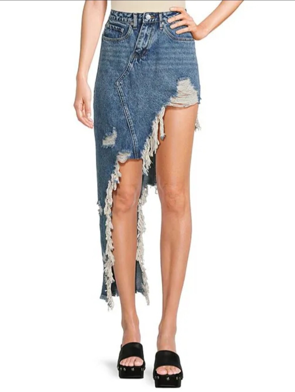 Signature 8 Distressed Asymmetrical Denim Skirt NWT Size S High Low Raw Hem